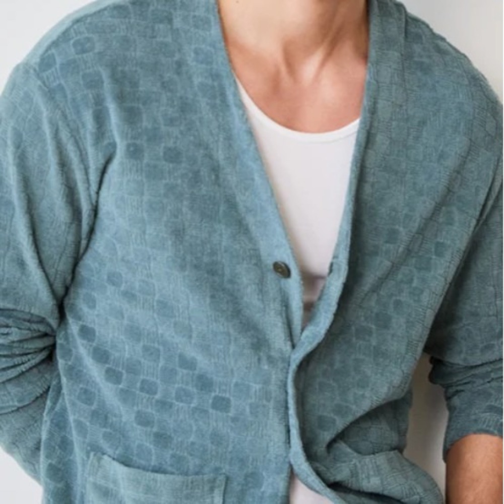 Todd Snyder Tile Terry Cardigan Sweater Men Small Green Pewter Italian Fabric